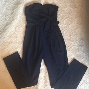 Navy blue strapless sweetheart neck pant romper